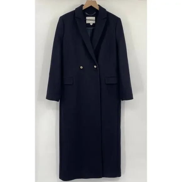 LK Bennett Della Coat Long Double Breasted Wool Cashmere Navy Blue Womens 10 - Picture 3 of 9